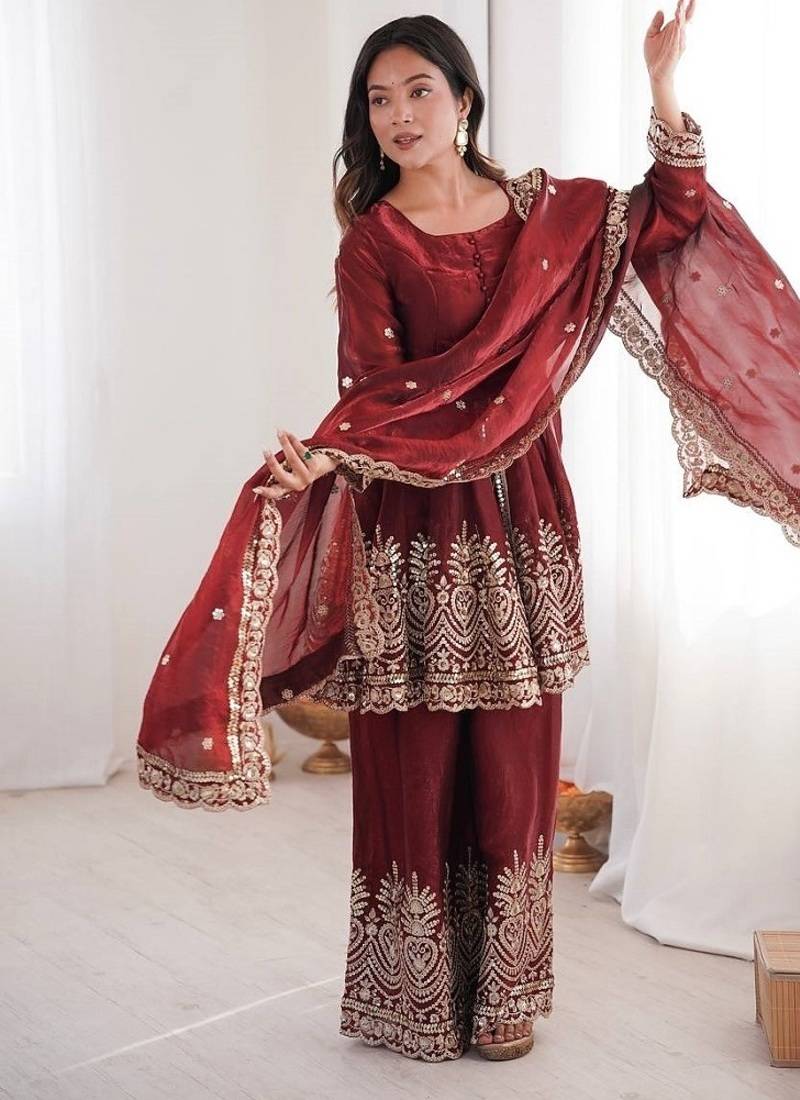 Maroon fendy satin with embroidered real mirror work plazzo set