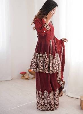 Maroon fendy satin with embroidered real mirror work plazzo set 2