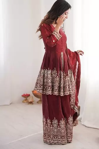 Maroon fendy satin with embroidered real mirror work plazzo set