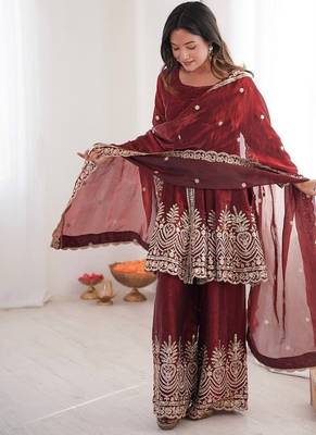 Maroon fendy satin with embroidered real mirror work plazzo set 3