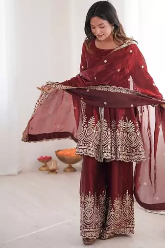 Maroon fendy satin with embroidered real mirror work plazzo set
