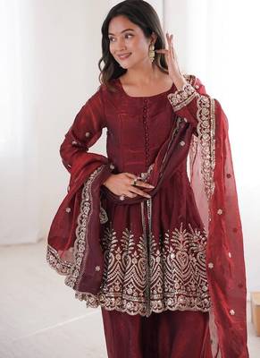 Maroon fendy satin with embroidered real mirror work plazzo set 4