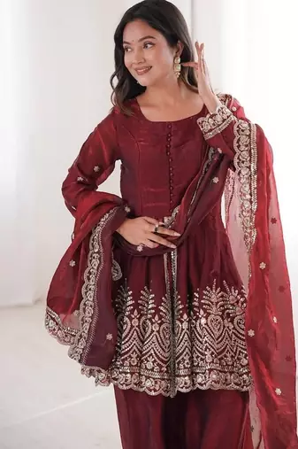 Maroon fendy satin with embroidered real mirror work plazzo set