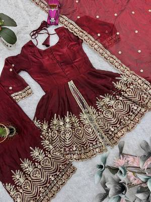 Maroon fendy satin with embroidered real mirror work plazzo set 5