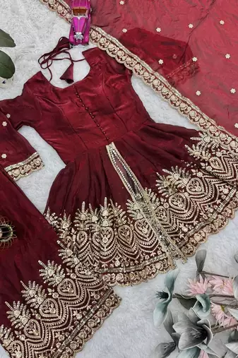 Maroon fendy satin with embroidered real mirror work plazzo set
