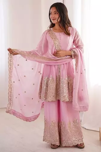Pink fendy satin with embroidered real mirror work plazzo set