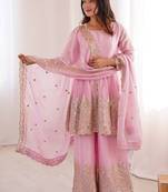 Pink fendy satin with embroidered real mirror work plazzo set