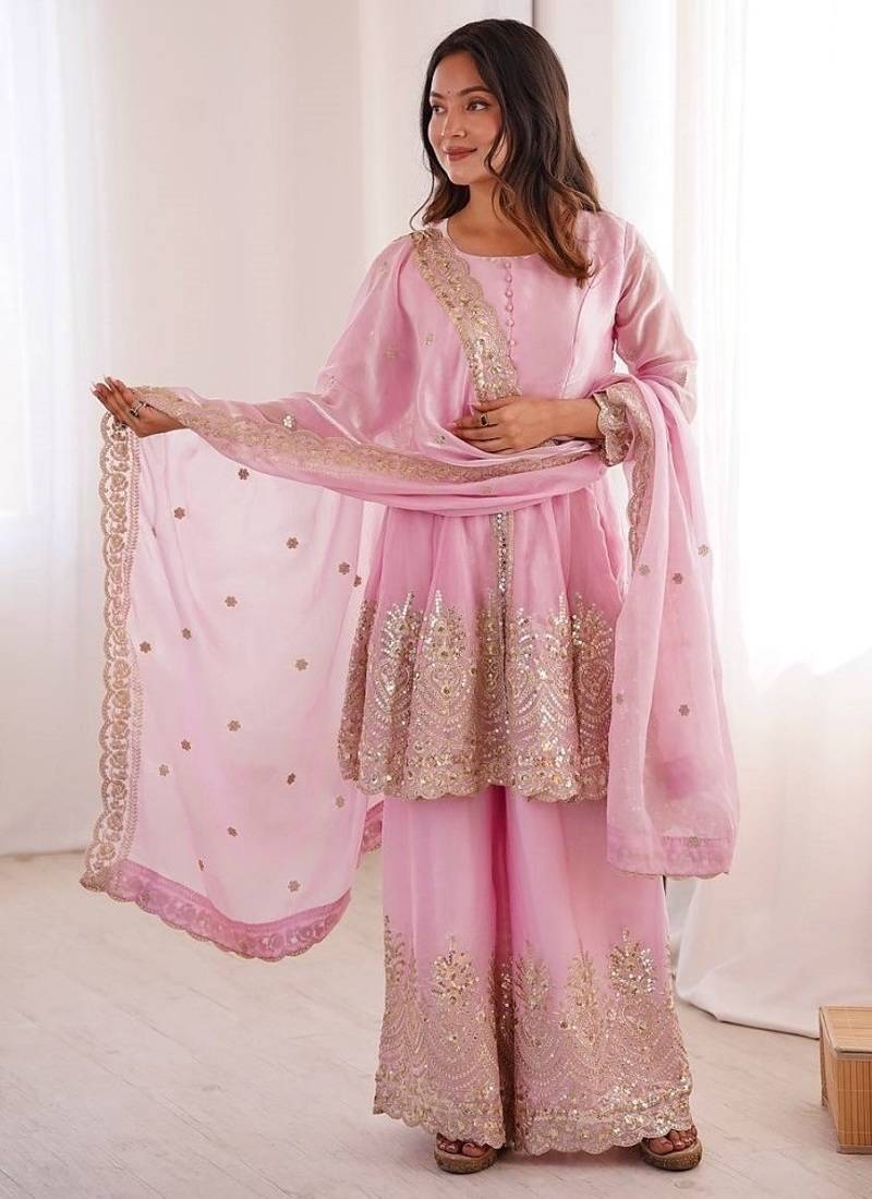 Pink fendy satin with embroidered real mirror work plazzo set