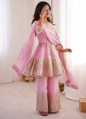 Pink fendy satin with embroidered real mirror work plazzo set 2