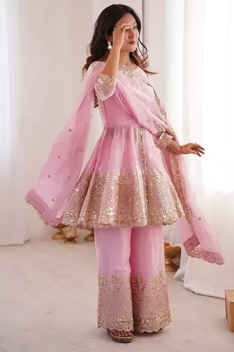 Pink fendy satin with embroidered real mirror work plazzo set