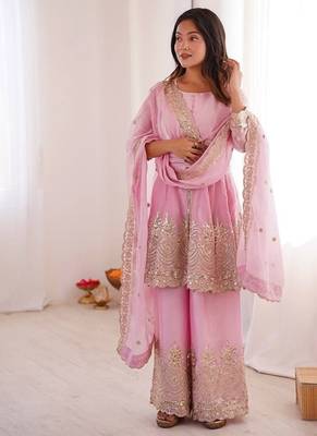 Pink fendy satin with embroidered real mirror work plazzo set 3