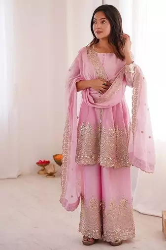 Pink fendy satin with embroidered real mirror work plazzo set