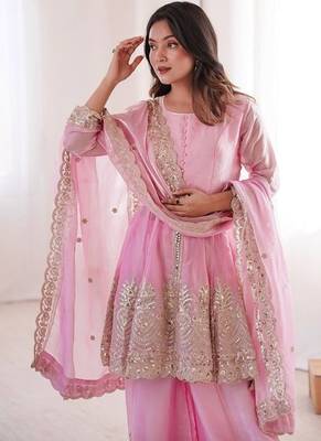 Pink fendy satin with embroidered real mirror work plazzo set 4