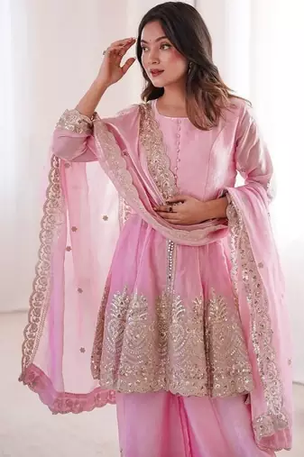 Pink fendy satin with embroidered real mirror work plazzo set