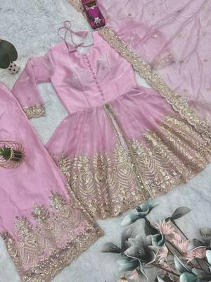 Pink fendy satin with embroidered real mirror work plazzo set 5