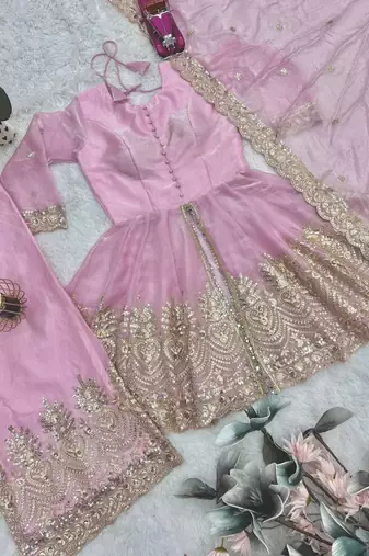 Pink fendy satin with embroidered real mirror work plazzo set