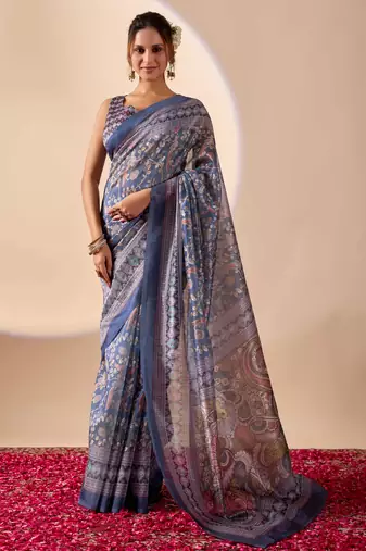 Blue digital floral print chiffon ethnic saree with blouse