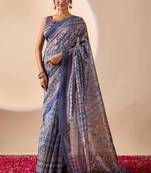 Blue digital floral print chiffon ethnic saree with blouse