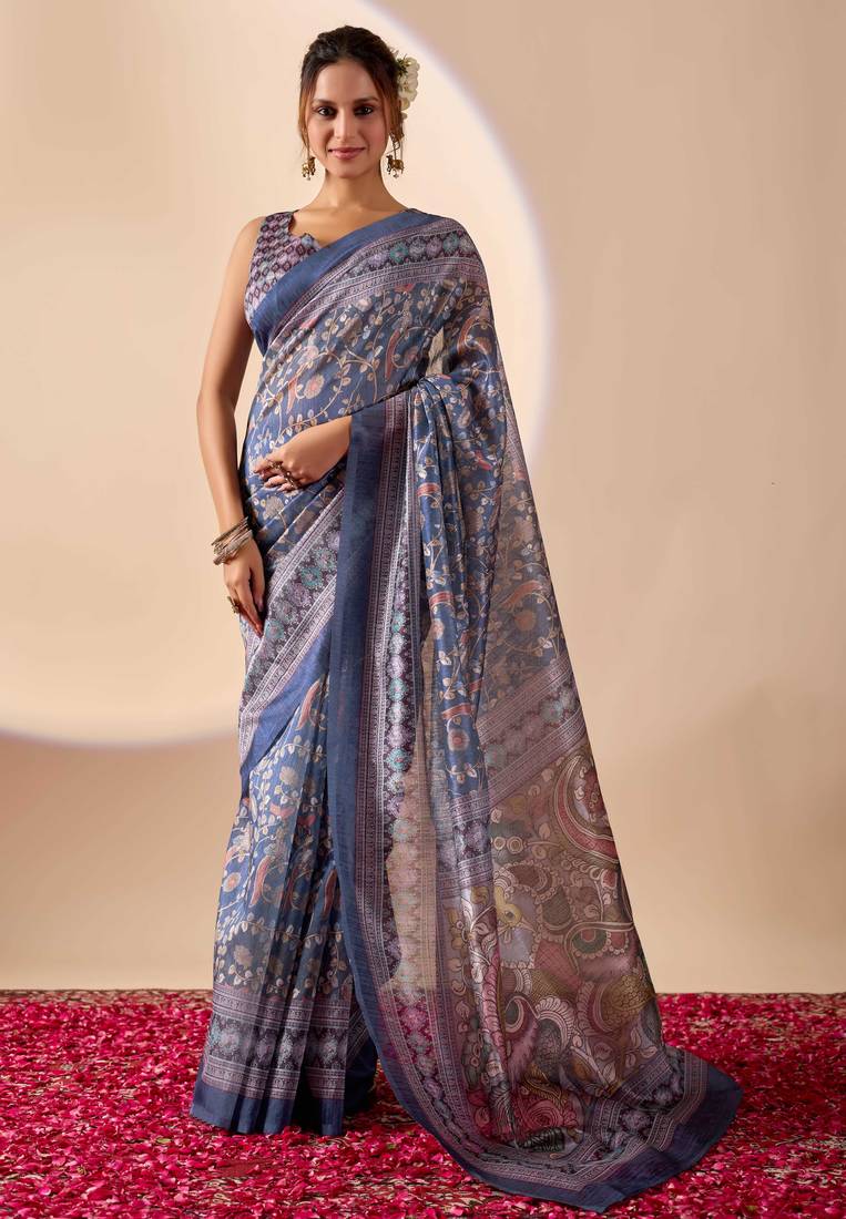 Blue digital floral print chiffon ethnic saree with blouse