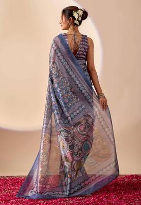 Blue digital floral print chiffon ethnic saree with blouse 2