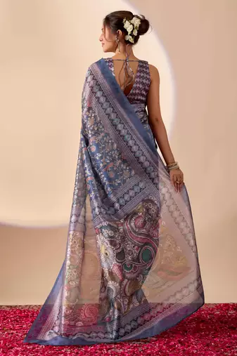 Blue digital floral print chiffon ethnic saree with blouse