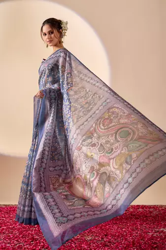 Blue digital floral print chiffon ethnic saree with blouse