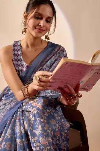 Blue digital floral print chiffon ethnic saree with blouse