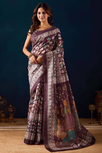Wine kalamkari tussar blend festive wear ethnic saree with blouse