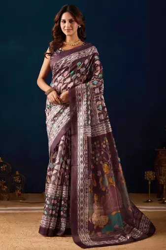 Wine kalamkari tussar blend festive wear ethnic saree with blouse