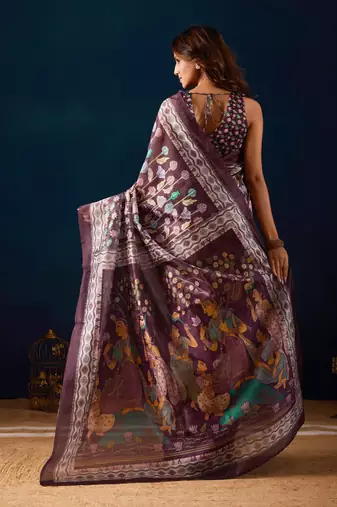 Wine kalamkari tussar blend festive wear ethnic saree with blouse