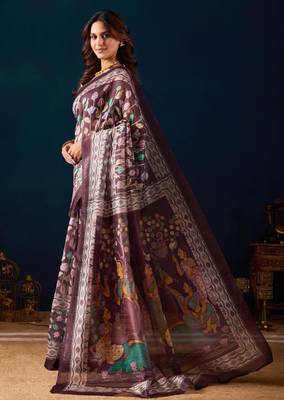 Wine kalamkari tussar blend festive wear ethnic saree with blouse 3
