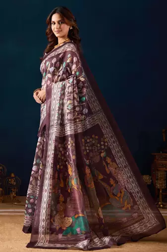 Wine kalamkari tussar blend festive wear ethnic saree with blouse