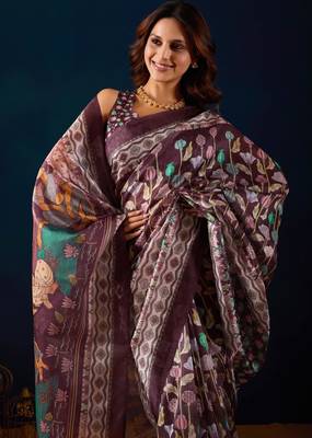 Wine kalamkari tussar blend festive wear ethnic saree with blouse 4