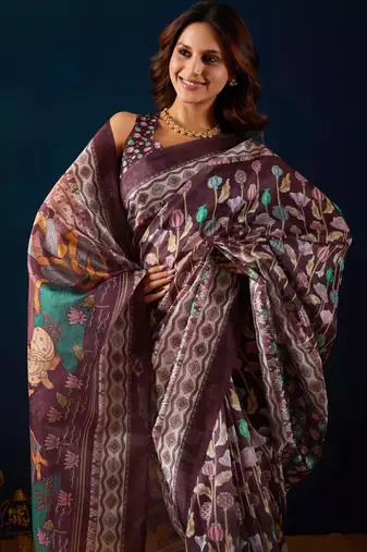 Wine kalamkari tussar blend festive wear ethnic saree with blouse
