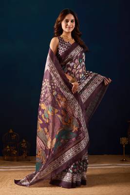 Wine kalamkari tussar blend festive wear ethnic saree with blouse 5