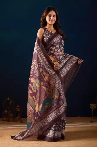 Wine kalamkari tussar blend festive wear ethnic saree with blouse