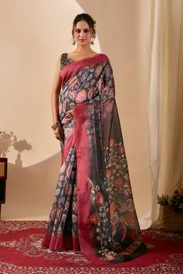 Olive digital kalamkari cotton silk festive ethnic saree with blouse 1