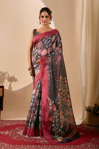 Olive digital kalamkari cotton silk festive ethnic saree with blouse