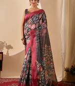 Olive digital kalamkari cotton silk festive ethnic saree with blouse