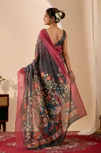Olive digital kalamkari cotton silk festive ethnic saree with blouse