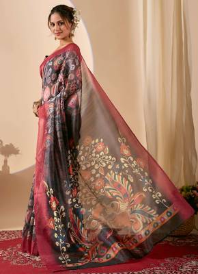 Olive digital kalamkari cotton silk festive ethnic saree with blouse 3