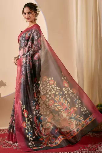 Olive digital kalamkari cotton silk festive ethnic saree with blouse