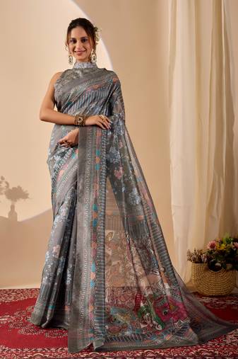 Grey digital kalamkari print cotton silk festive ethnic saree with blouse