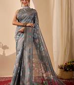 Grey digital kalamkari print cotton silk festive ethnic saree with blouse