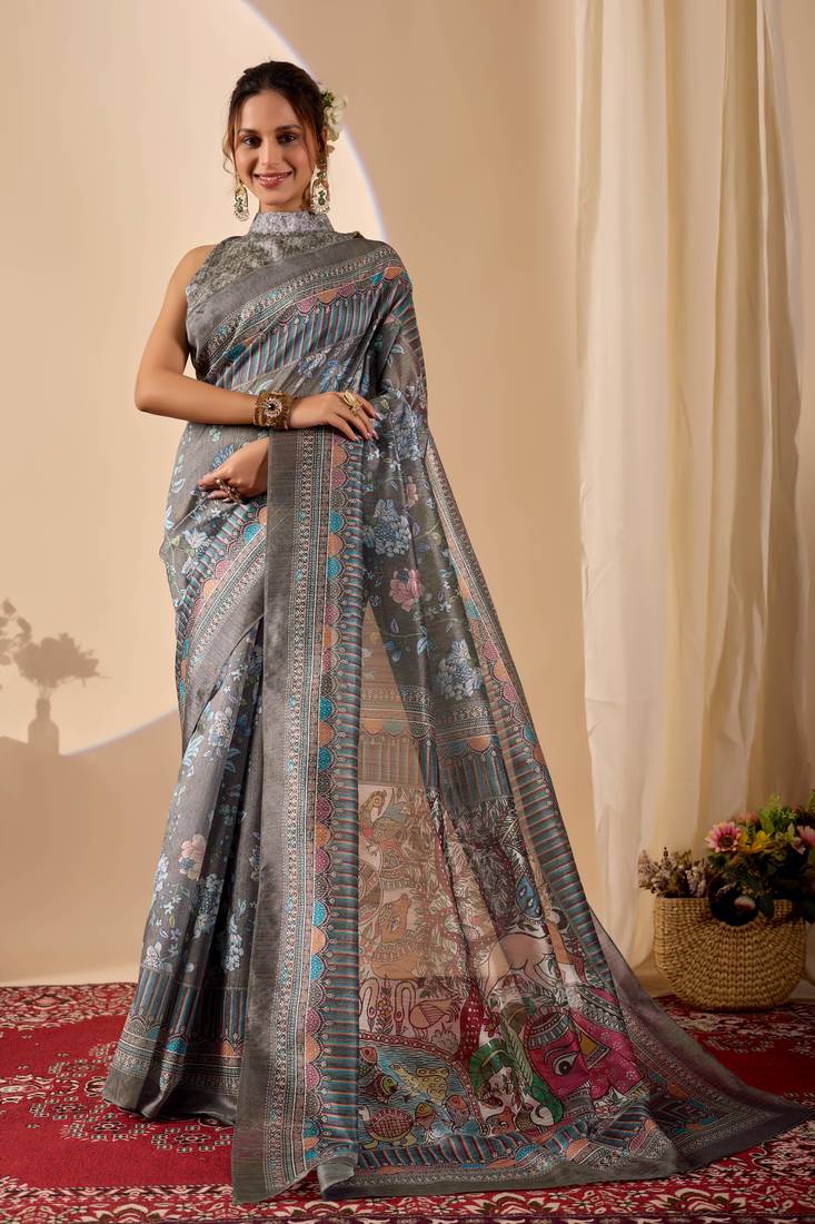 Grey digital kalamkari print cotton silk festive ethnic saree with blouse