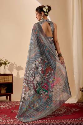 Grey digital kalamkari print cotton silk festive ethnic saree with blouse 2