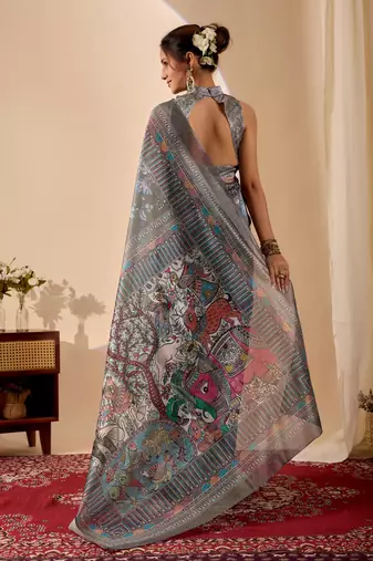 Grey digital kalamkari print cotton silk festive ethnic saree with blouse