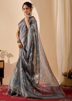 Grey digital kalamkari print cotton silk festive ethnic saree with blouse 3