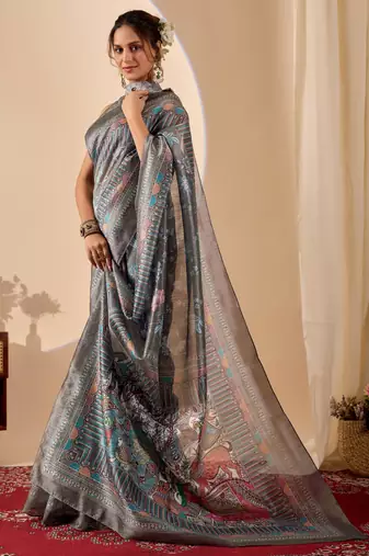 Grey digital kalamkari print cotton silk festive ethnic saree with blouse