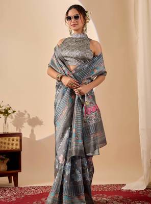Grey digital kalamkari print cotton silk festive ethnic saree with blouse 4